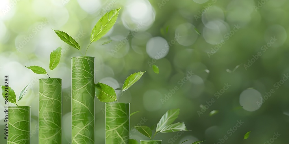 Poster visual representation of sustainable growth through a declining green bar chart and falling leaves. 