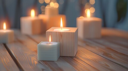 Wood Candles Burning Bright on top wooden wood with background, Geometric Abstraction style, abstract shapes, colorful accents