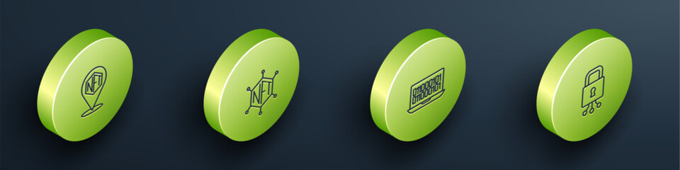 Set Isometric line NFT Digital crypto art, blockchain technology, Binary code and Cyber security icon. Vector