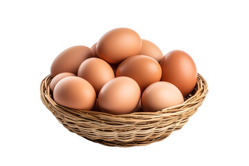A Nest of Brown Eggs in a Woven Basket on a White or Clear Surface PNG Transparent Background.