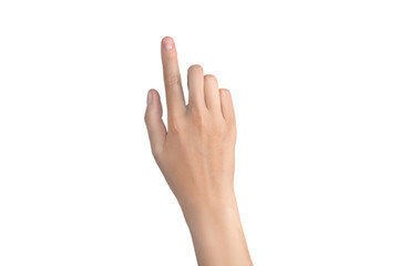 Woman's hand with outstretched index finger. Indicates, pokes, smears, touches. Isolated on white...