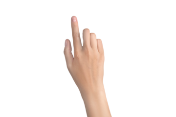 Woman's hand with outstretched index finger. Indicates, pokes, smears, touches. Isolated on white or transparent png background close up