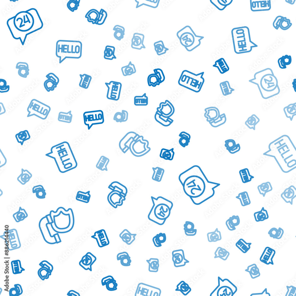 Poster set line telephone handset with shield, 24 hours support and hello in different languages on seamles