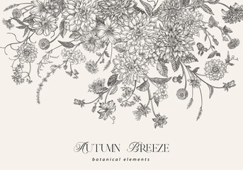 Card with summer and autumn flowers. Dahlias, zinnias, asters, dogwood berries, maiden vine. Floral horizontal border. Vintage style. Black and white
