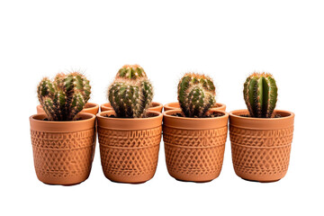 A Row of Spiky Succulents in Terracotta Pots on a White or Clear Surface PNG Transparent Background.