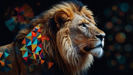 Surreal lion profile accented by a kaleidoscope of digital patterns