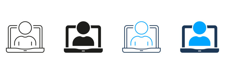 Person in Laptop Line and Silhouette Icon Set. Online Video Conference. Computer User, Business Network Pictogram. Remote Employee Symbol. Editable Stroke. Isolated Vector Illustration