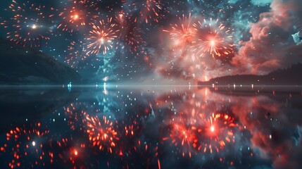 Fireworks reflecting over the night sky, Fantasy Art style, magical night hues, imaginative details