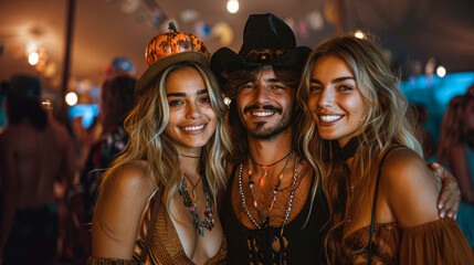 Fototapeta premium Friends at a party, Halloween costumes, indoor celebration