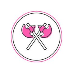 Filled outline Crossed medieval axes icon isolated on white background. Battle axe, executioner axe. Medieval weapon. Vector
