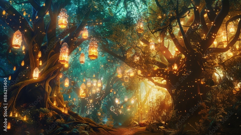 Poster A magical forest path lined with trees adorned with glowing lanterns. The soft light creates an ethereal atmosphere.