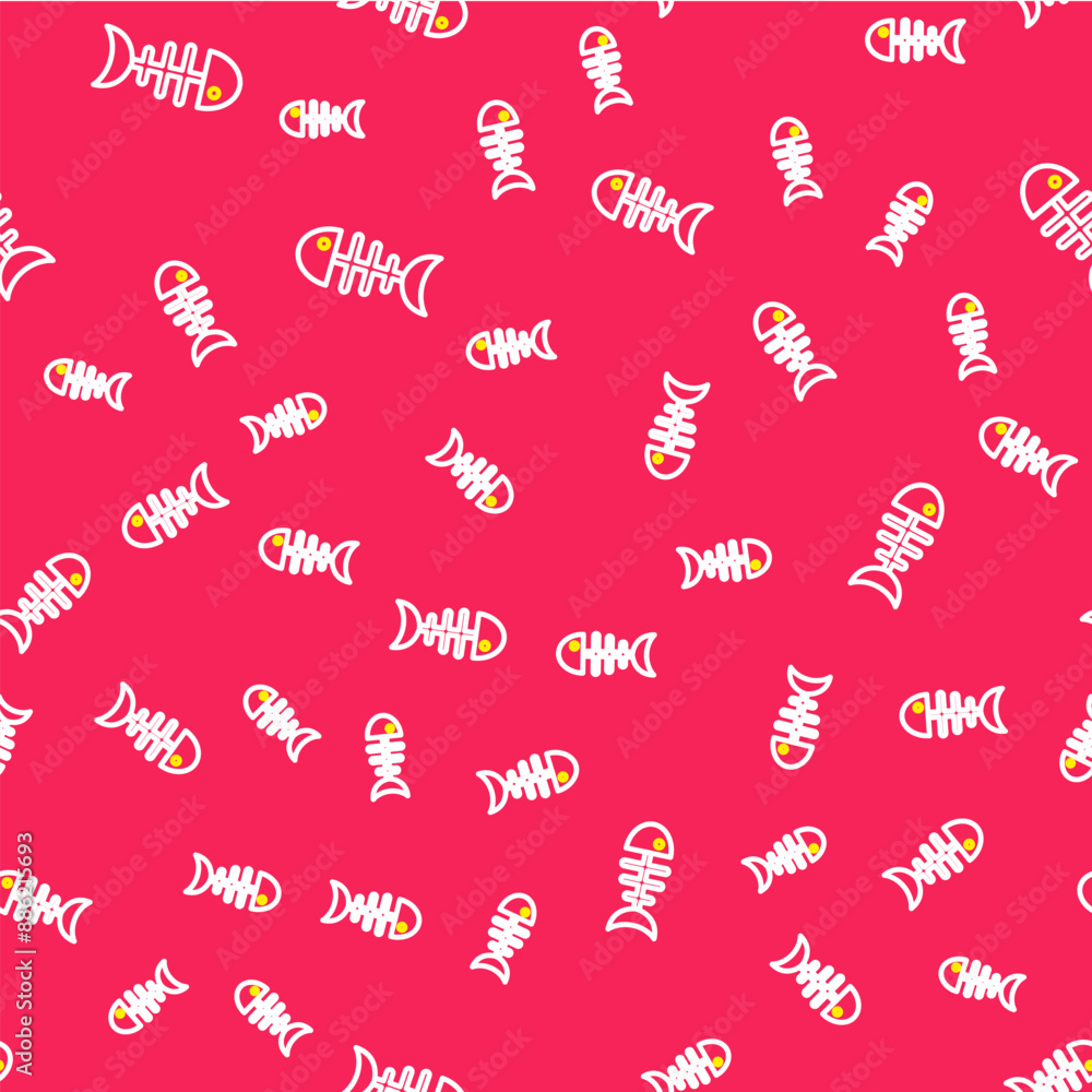 Poster line fish skeleton icon isolated seamless pattern on red background. fish bone sign. vector