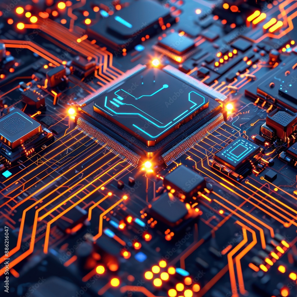 Poster close-up of computer motherboard with glowing circuits