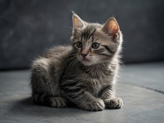 Sweet little kitten resting on a muted gray settin