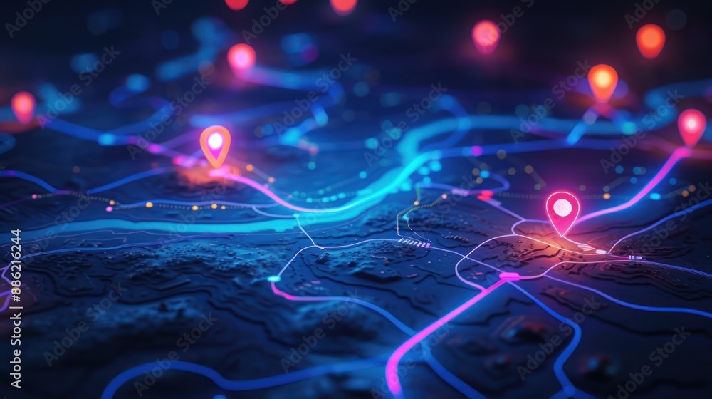 Poster digital map with glowing location pins and routes