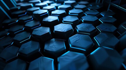 Fototapeta premium A dark blue hexagonal background with a bright cerulean center, showcasing a subtle 3D effect