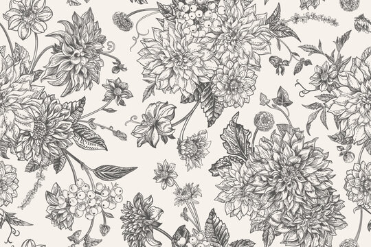 Seamless pattern with summer and autumn flowers. Vintage floral background in engraving style. Black and white