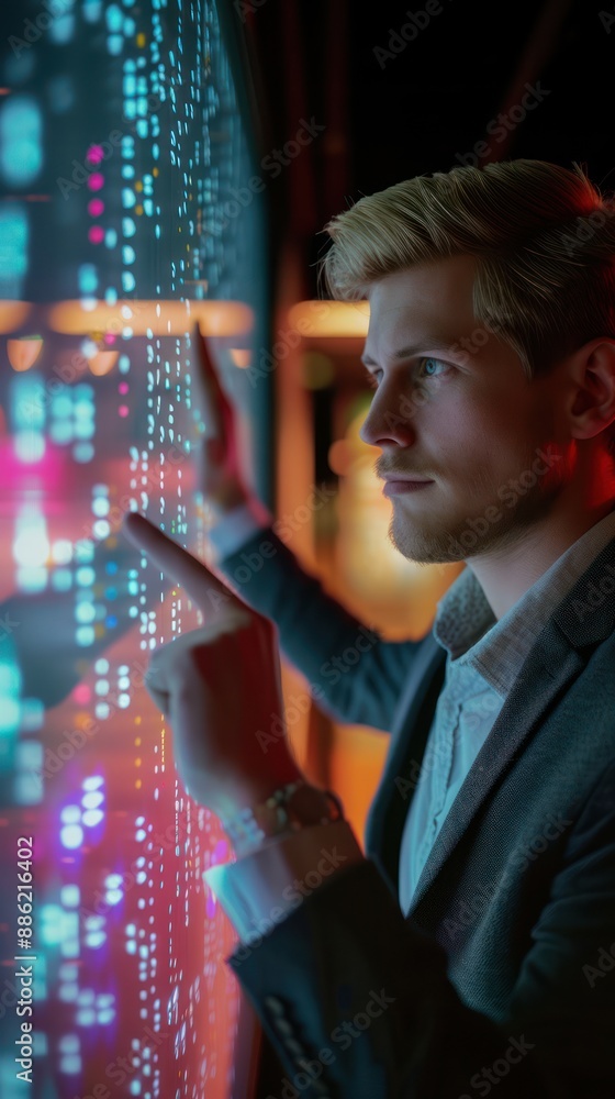 Poster man interacting with digital touchscreen in high-tech environment