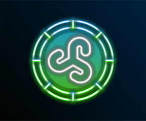 Obraz premium Glowing neon line Shield viking icon isolated on black background. Round wooden shield. Security, safety, protection, privacy, guard concept. Colorful outline concept. Vector