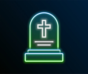 Obraz premium Glowing neon line Grave with tombstone icon isolated on black background. Colorful outline concept. Vector