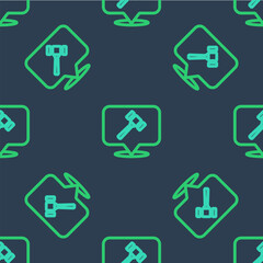 Line Auction hammer icon isolated seamless pattern on blue background. Gavel - hammer of judge or auctioneer. Bidding process, deal done. Auction bidding. Vector