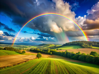 Fototapeta premium rainbow over field, landscape, field, nature, grass, clouds, meadow, green, summer, rain, cloud, blue, weather, countryside