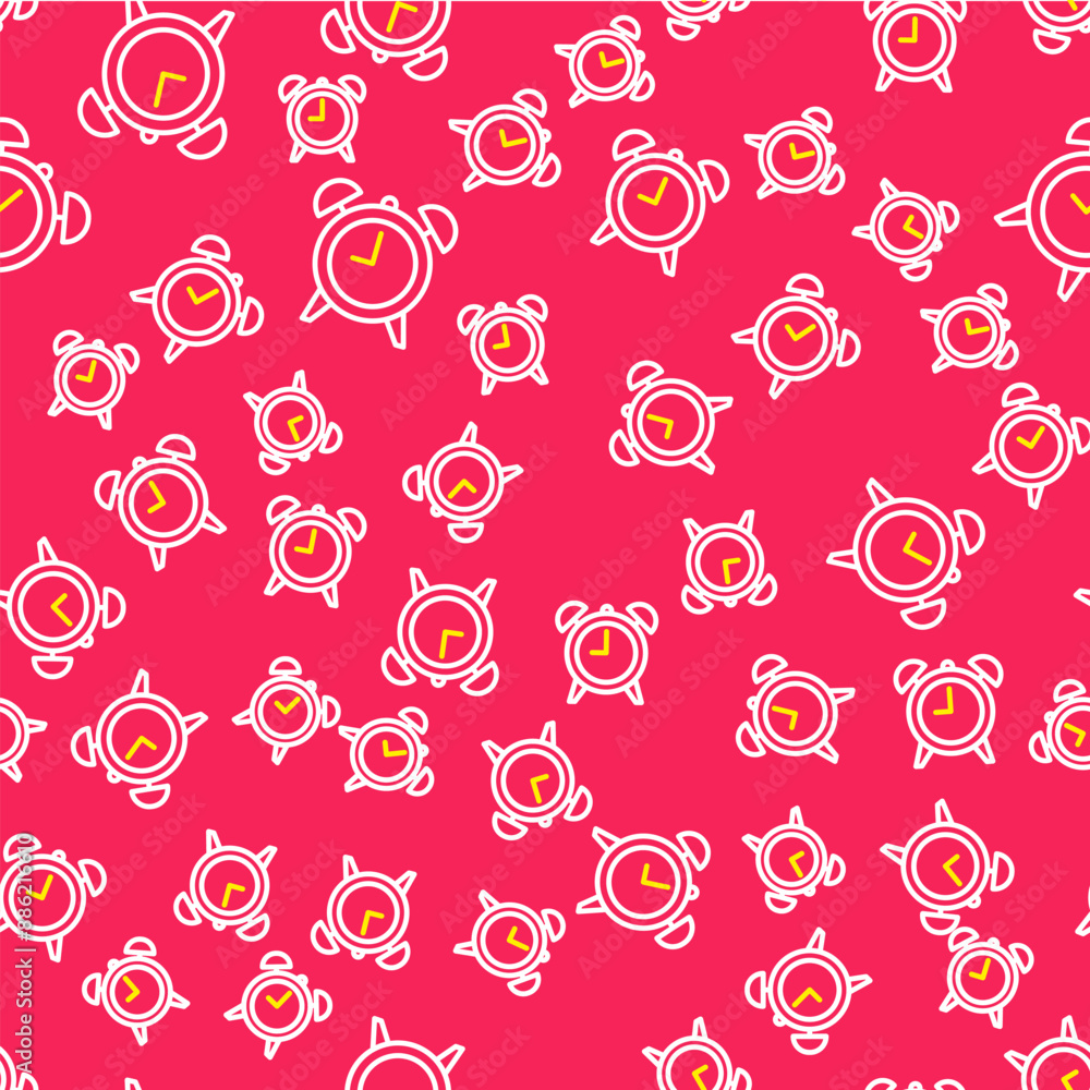Poster line alarm clock icon isolated seamless pattern on red background. wake up, get up concept. time sig