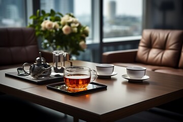 Cup of tea on the table in the office, stock photo