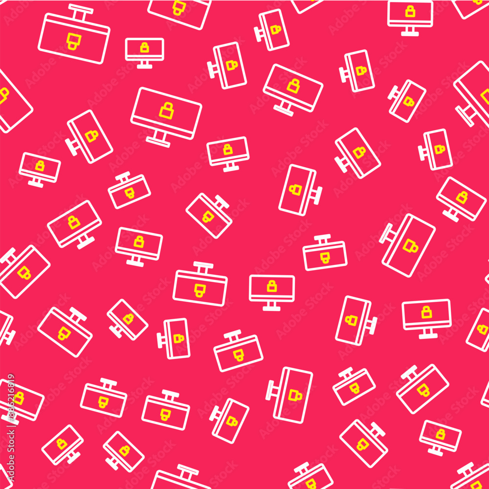 Poster line lock on computer monitor screen icon isolated seamless pattern on red background. security, saf