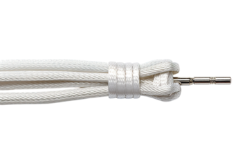 A Close Up of White Shoelaces Tied With a Secure Knot and a Metal Aglet on a White or Clear Surface PNG Transparent Background.