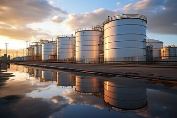 Obraz premium Oil tanks at sunset. Reflection in water. Industrial background.