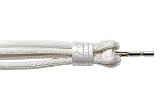 A Close Up of White Shoelaces Tied With a Secure Knot and a Metal Aglet on a White or Clear Surface PNG Transparent Background.