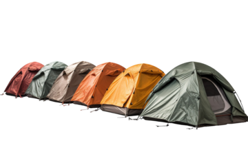 A Rainbow of Tents Await Adventure in the Wild on a White or Clear Surface PNG Transparent Background.