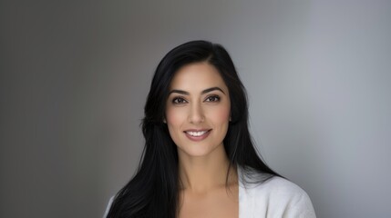 Obraz premium An Indian woman with long black hair standing on a grey background haircare idea