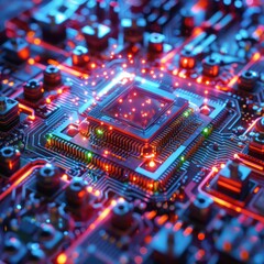Fototapeta premium Glowing microchip on a vibrant circuit board