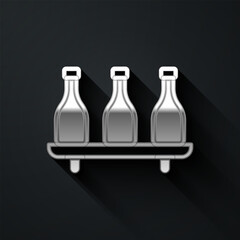 Silver Bottle of wine icon isolated on black background. Wine varieties. Long shadow style. Vector