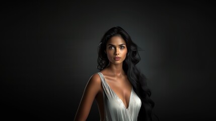 Fototapeta premium An Indian woman with long hair looking at camera on grey background haircare idea