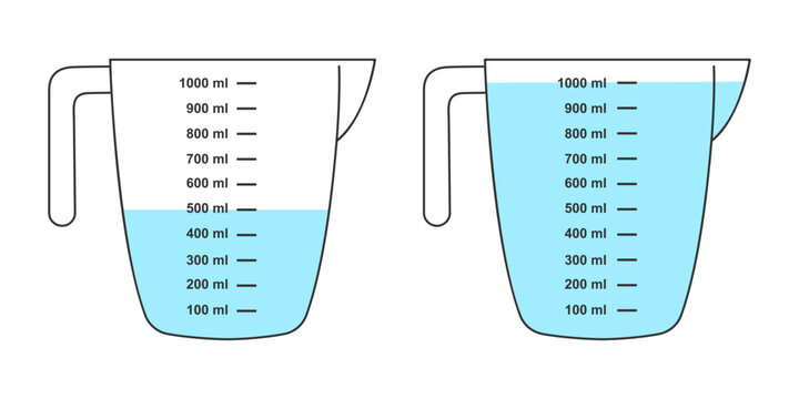 Half-full and water-filled measuring cups with 1 liter volume. Liquid containers for cooking with fluid capacity scale isolated on white background. Vector flat illustration.