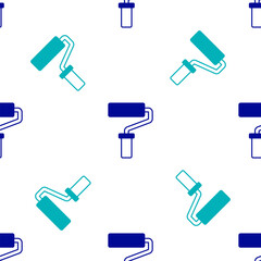 Blue Paint roller brush icon isolated seamless pattern on white background. Vector