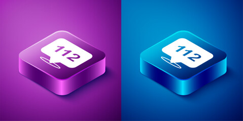 Isometric Telephone with emergency call 112 icon isolated on blue and purple background. Police, ambulance, fire department, call, phone. Square button. Vector