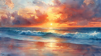 Fototapeta premium Serene beach at sunset with vibrant skies and gentle waves, capturing the tranquil beauty of nature in a captivating seascape.