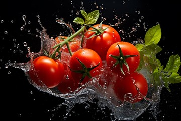 Fresh tomatoes falling into water with splash on black background, closeup
