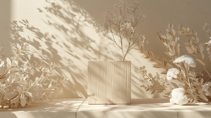 Big Indoor studio podium and leaves white background.  indoor studio podium, studio podium, podium with leaves, white background, indoor stage, studio platform, indoor presentation, podium design,