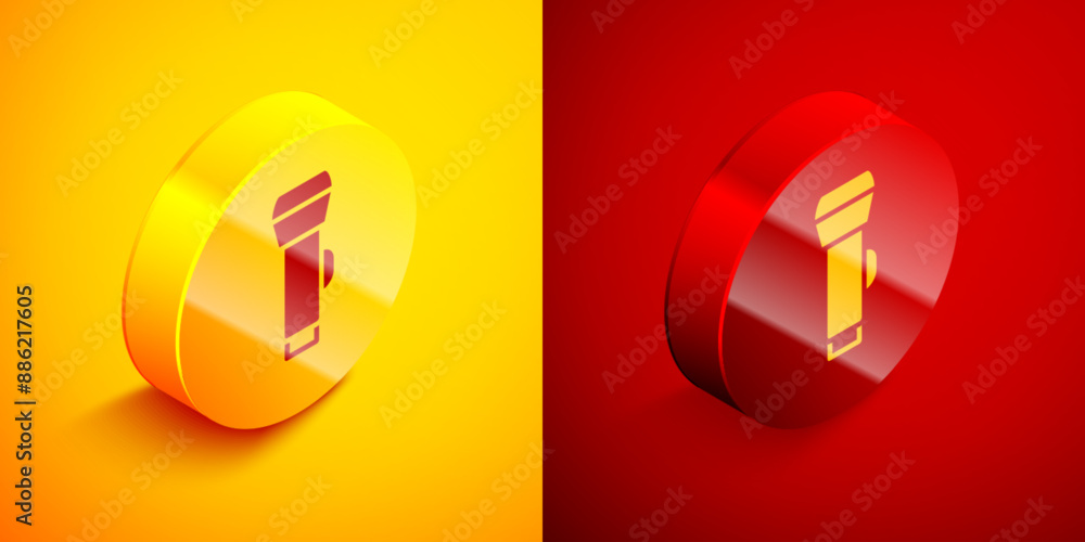 Poster isometric flashlight icon isolated on orange and red background. circle button. vector