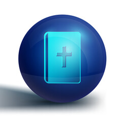 Blue Holy bible book icon isolated on white background. Blue circle button. Vector
