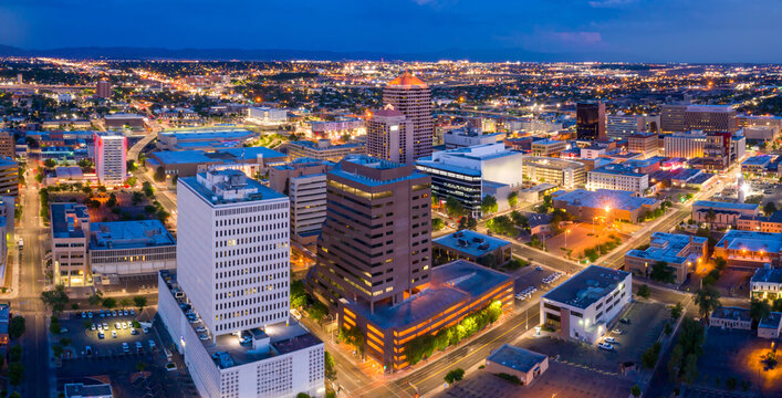 Downtown city skyline of Albuquerque at night, New Mexico, United States of America.