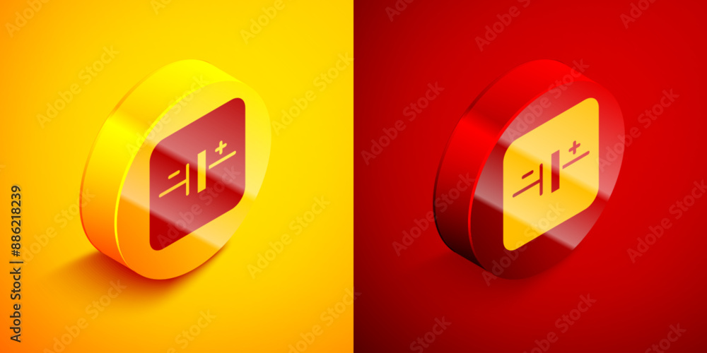 Poster isometric dc voltage source icon isolated on orange and red background. circle button. vector