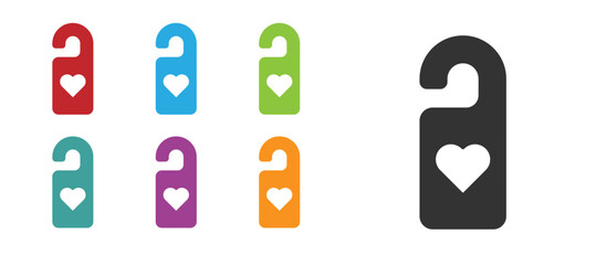 Black Please do not disturb with heart icon isolated on white background. Hotel Door Hanger Tags. Set icons colorful. Vector