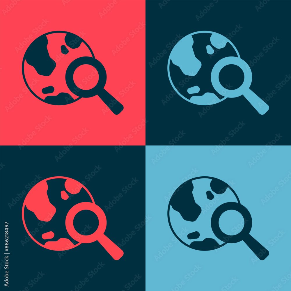 Poster pop art magnifying glass with globe icon isolated on color background. analyzing the world. global s