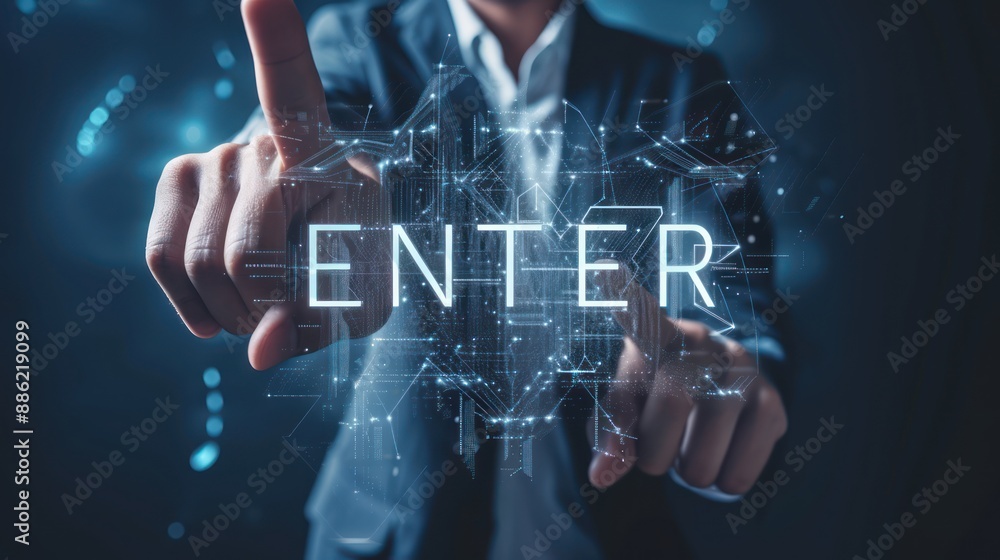 Poster person in suit pointing with 'enter' illuminated in front